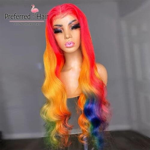 Preferred Orange Red Rainbow Human Hair Wig Pre Plucked 13x4 Highlight Wig Brazilian Remy Straight Lace Front Wig For Women