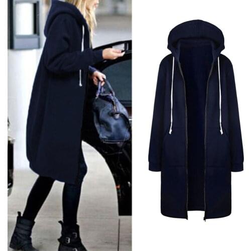 Autumn Casual Women Long Hoodies Sweatshirt Coat Zip Up Outerwears Hooded Jacket Winter Pockets Plus Size Outwear Coat @40