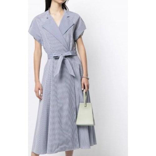 Simple Stripe Dress 2021 New Raglan Sleeves Notched Summer Dress Fashion Back Zipper Commute Womens Dress With Sashes