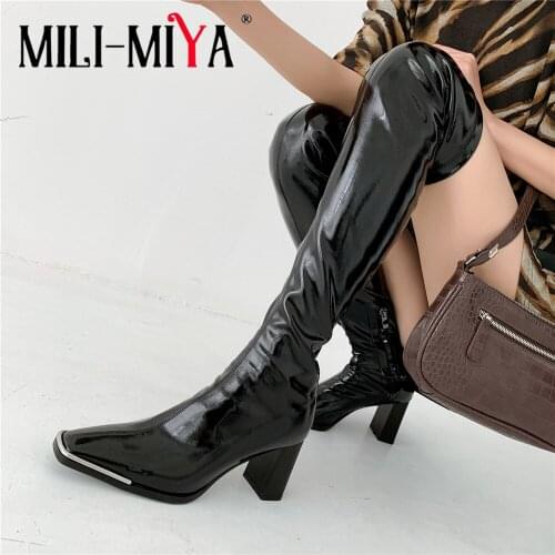 MILI-MIYA Sexy Women Thigh High Lady Boots Fashion Square Toe Block Heel Patent Leather Autumn Winter Zipper Party Prom Shoes