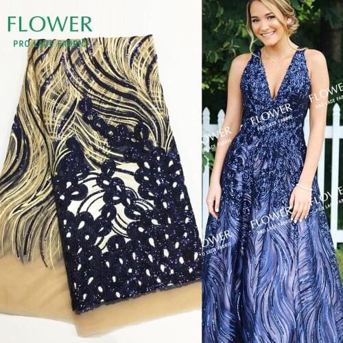 Deep Blue Sequined Embroidered Mesh Tulle Lace Fabric For Indian Lady Noble Wedding Evening Dresses Laces Net Material