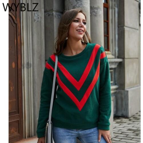 WYBLZ Autumn Women Stripe Sweatshirts Long Sleeve 2021 Ladies Pullovers Casual Loose Round Neck Knitted Top Streetwear