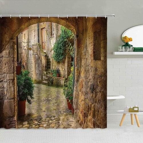 Courtyard Scenery By Arch Shower Curtain Antique Stone Village Green Plant Bathroom Decor Waterproof Fabric Hooks Curtains Set