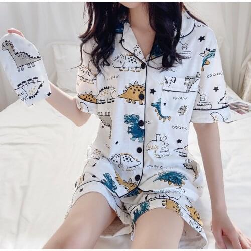 Women Summer Dinosaur Nice Printing Pajama Sets Short Sleeve Graffiti Pajamas Soft Pyjamas Sleepwear Cartoon Homewear Cute