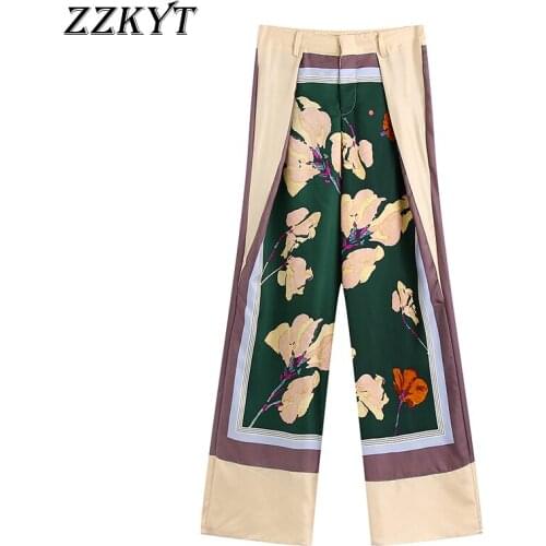 ZZKYT 2021 Women Autumn Vintage Floral Print Silk Straight Pants Fashion High Waist Button Office Lady Trousers Vestidos Mujer