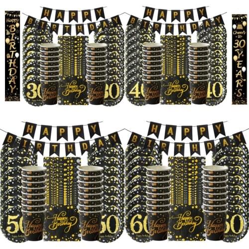 49Pcs 60/50/40/30th Disposable Tableware Set For Adult Birthday Party Golden Black Paper Plate Dinnerware Kit 30 Years Banner