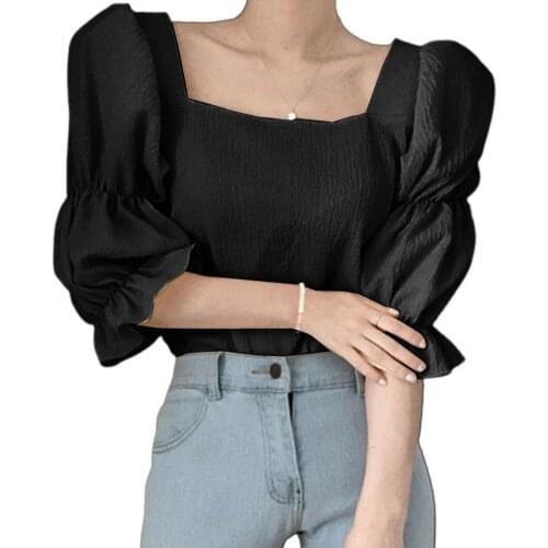 Stylish Women Blouses Office Lady Vintage All Match Short Square Neck Solid Color Middle Sleeve Summer Blouse for Dating Black