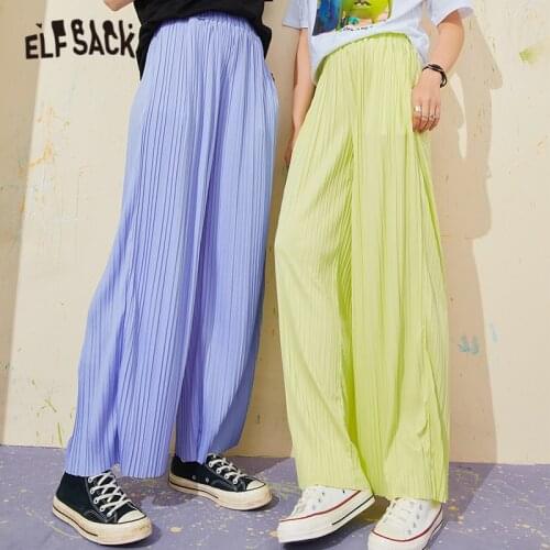 ELFSACK Solid Pure High Waist Straight Casual Minimalist Women Pants 2021 Summer Elastic Ladies Daily Basic Wide Leg Trouser