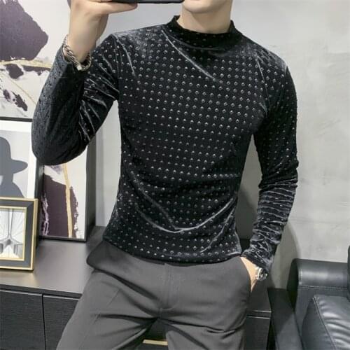 Fashion 2020 Polka Dot T Shirt Men Autumn Winter New Long Sleeve Mens Casual T-Shirts All Match Slim Fit Turtleneck Men Tees 3XL