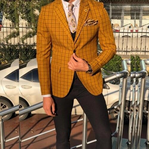 Hot Sale Plaid Mens Blazer Two Buttons Notched Lapel Slim Fit Wedding Jacket Damier Check Groomsmen Wear 2021 One Piece