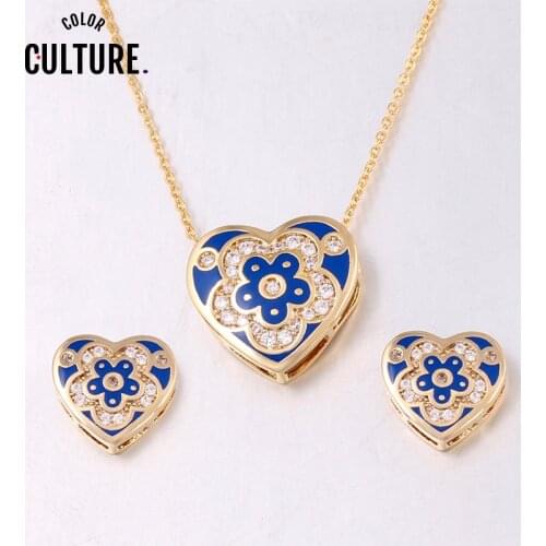 Fine Costume Zircon Sets Necklace Enamel Heart Pendant Earrings