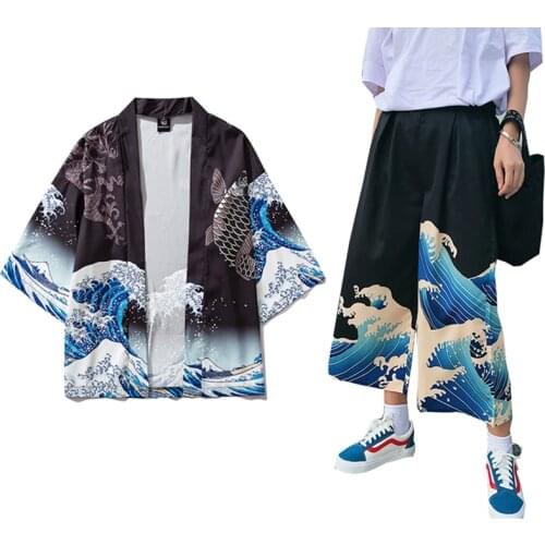 Unisex Woman Japanese Harajuku Kimono Haori Thin Sunscreen Coat Cardigan Ukiyo Man Wide Leg Pants Leisure Loose Harem Trousers