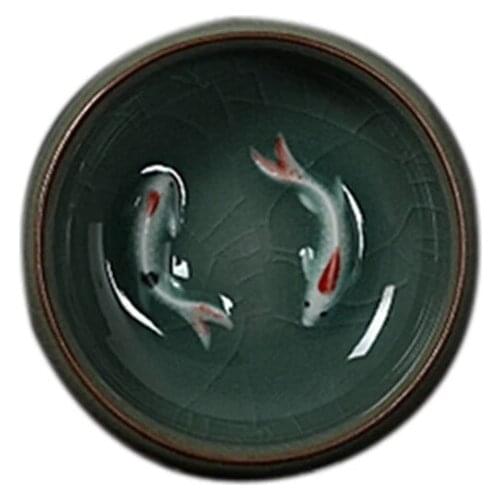 China Tea Cup Kung Fu Tea Cup Saucer Tea Bowl with Golden Fish Celadon Porcelain Glazed Tea Cup 60ml Celadon Crackle Tea Cups