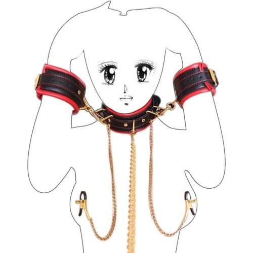 Unisex Sex Toy Leather Choker Collar Chained Wrist Cuffs Alligator Nipple Clamps Set Neck Restraint SM Sex Products