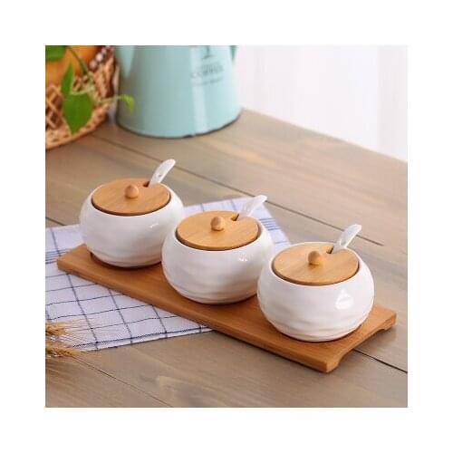 Kitchen accessories 3pcs/Set ceramic seasoning pot Wood Tray seasoning jar glass seasoning bottle salt box set