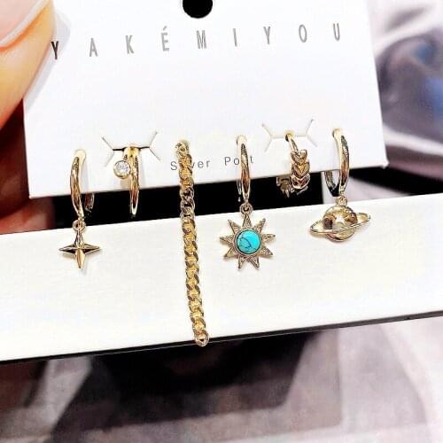 MIGGA 6pcs Mix Design Long Chain Star Hanging Earrings Set Gold Color Plated Punk Style Women Jewelry