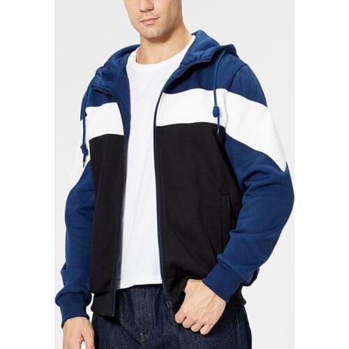 Men Coats Casual Hoodie Color Block Zipper Autumn Winter Hooded Drawstring Pockets Splicing Sweatshirt Male Jackets Clothes