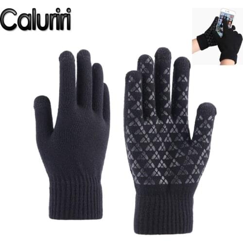 Caluriri Men Winter Phone Gloves Touch Screen Gloves Non-slip Knitted Male Acrylic Mitten Solid Business Men Driving Gloves