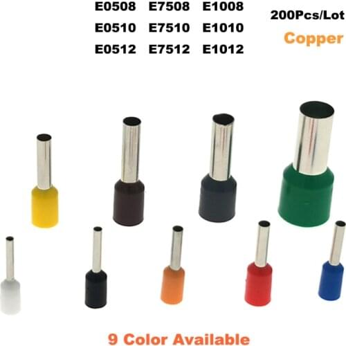 200Pcs Copper Tube Insulated Cord End Crimp Terminals Electrical Wire Connector E0508~E1012 Cable Ferrules 22-18AWG 0.5-1.0mm2