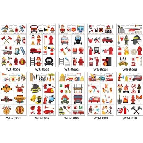 10pcs/set Fireman Fire Truck Tattoo Stickers Firefighter Fire Extinguisher Temporary Tattoos Fire Department Party Decoration