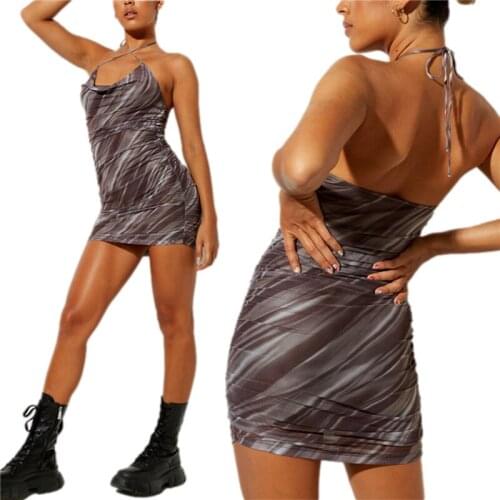 Ladies Summer Temperament Short Dress Girls Mixed Color Hanging Neck Tie Up Sleeveless Backless Slim Ruched Dress