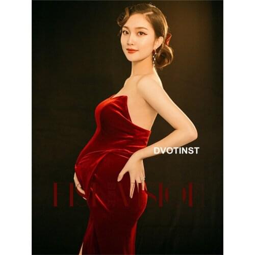 Dvotinst Women Photography Props Red V-neck Backless Maternity Dresses Elegant Pregnancy Split Dress Studio Photoshoot Clothes