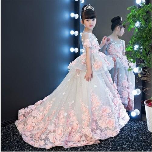Real Picture New Luxury Flower Girls Dress Princess Dress Lace 3D Flowers Applique Puffy Tulle Kids Birthday Gown costume