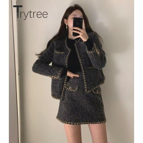 Trytree 2020 Autumn Winter Two Piece Women Set Tweed Chain Trim Casual Cotton Liner Coat +Zip Mini Skirt Office Lady 2 Piece Set
