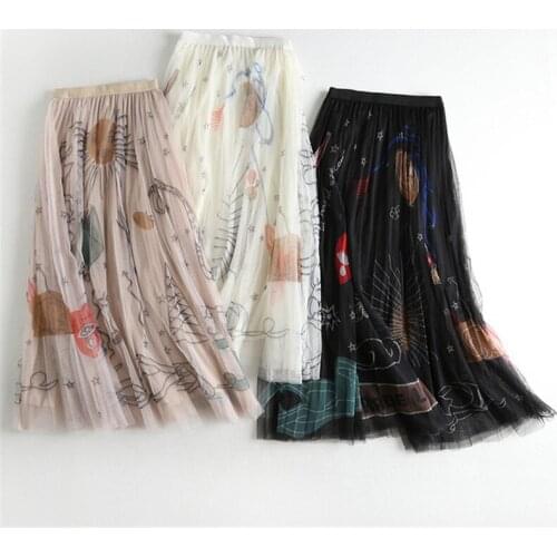 Women Mesh Tulle Skirts Elastic High Waist Graffiti Print Long Skirts Female A-line Pleated Skirts Saias Maxi Skirts