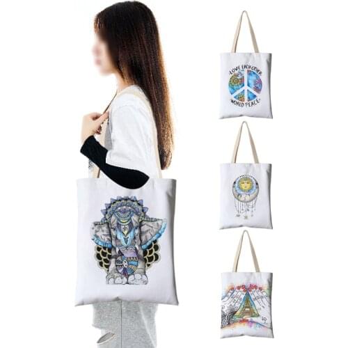 Women Canvas Shopping Bag Taiji Yinyang Peace Elephant Totem Print Shoulder Bag Eco Handbag Tote Reusable Grocery Shopper Bags