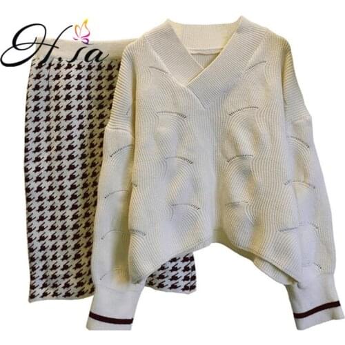 H.SA Women Sweater and Pullovers 2020 Winter 2 Pieces Knitting Jumpers Houndstooth Sweater Suite Pullover and Skirt Loose Tops