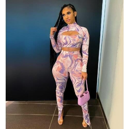 Casual Knitted Rib Print Sportswear Tracksuit Women Sexy Hollow Out Long Sleeve Crop Top + Leggings Two Piece Set Workout Suits