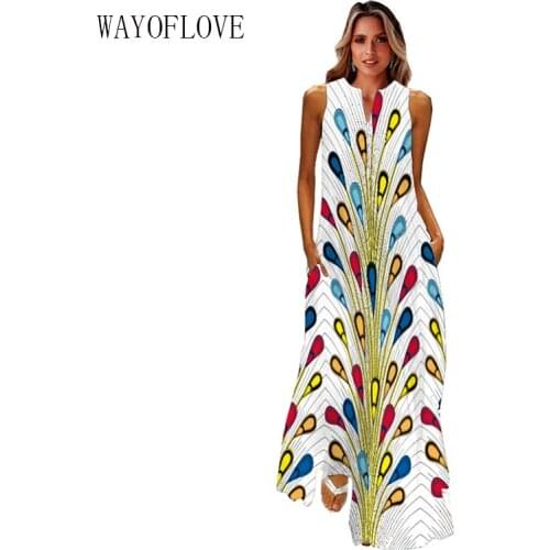 WAYOFLOVE Peacock Feather Stripe Print Dress 2021 Casual Holiday Beach Long Dresses Summer Woman Sleeveless Oversize Dress Women