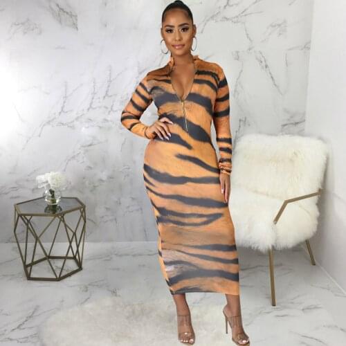 Animal Printed Elegant Long Maxi Dresses for Women Sexy Deep V Neck Full Sleeve Skinny Dress Autumn Zipper Up Package Hip Robe