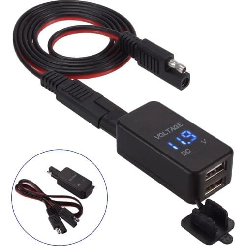 SAE To USB Adapter with Voltmeter Motorcycle Quick Disconnect Plug with Waterproof Dual USB Charger for Smart Phone Tablet GPS