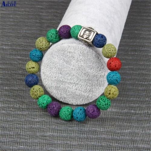 Ailatu Buddhist Yoga Jewelry Stainless Steel Buddha Beaded Chakras Bracelet with 10mm Multicolor Lava Stone Beads