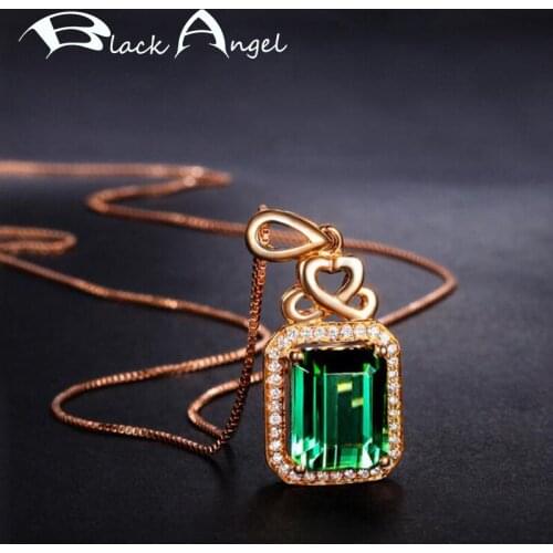 BLACK ANGEL 18K Rose Gold Square Emerald Gemstone Diamonds Green CZ 925 Silver Pendant Necklace For Women Jewelry Gift