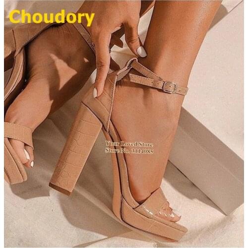 Choudory Nude White Croc-embossed Chunky Heel Sandals Platform Snakeskin Dress Shoes Buckle Strap Gladiator Pumps Size47