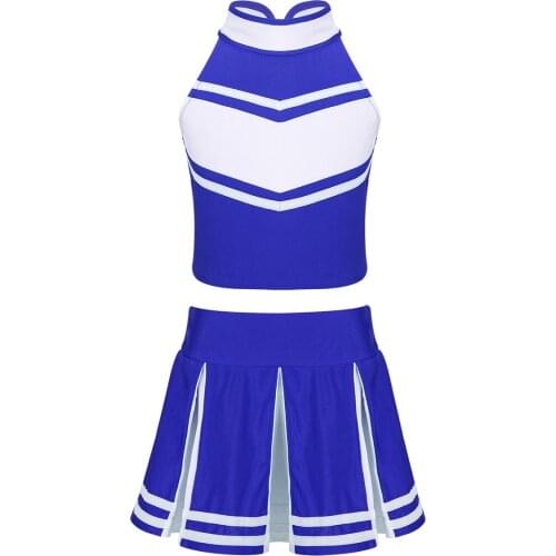 Children Girls Cheering Uniform Sequins Red Star School Dance Camp Cheerleading Cosplay Costume High Neck Zipper Top with Pleate