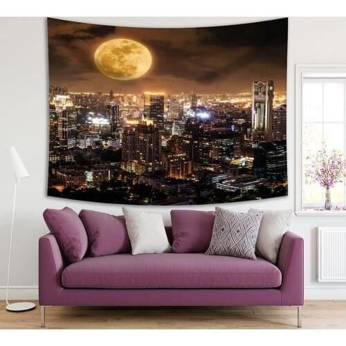 Tapestry Super Moon over Thailand Night City Skylines Buildings Urban View Brown Yellow Photo Printed