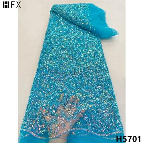 HFX 2021 Luxury Heavy Beaded Lace Fabric Wedding Sequence Tulle Lace Fabrics Embroidered French Net Lace 5 Yards For Dress F5701