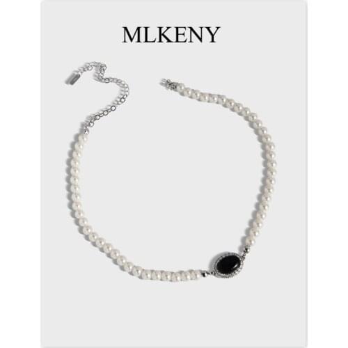 MLKENLY Elegant White Imitation Pearl Black agate Choker Big Round Pearl party Necklace for Women Charm 925 silver Jewelry