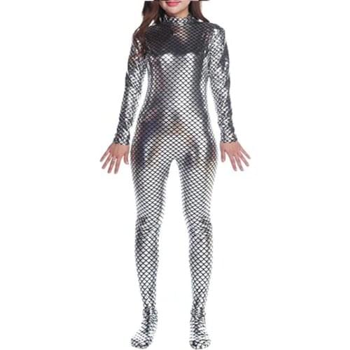 Hot mermaid Costume for Women Faux Leather Sexy Female Fish Scale Footed Bodysuit Long Sleeve Jumpsuit Carnival Party Catsuit