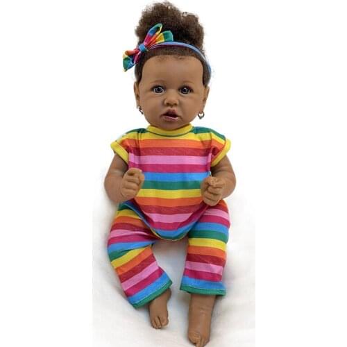 55CM Bebe Doll Reborn Baby In Dark Skin African American Girl Doll with Rooted Curly Hair Lifelike Real Touch Baby Girl