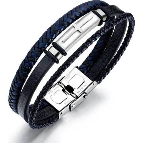 Stainless Steel Cross Multilayer Black Leather Bracelet Bangle For Men Weaved Wristbands Jewelry Drop Shipping
