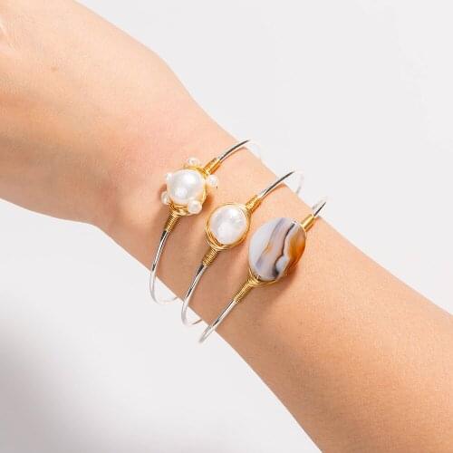 Fashion Classic Design Jewelry Gold Plated Fresh Water Pearl Wire Cuff Bangle For Women Bracelet Jewelry Gift