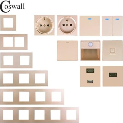 COSWALL E20 Series Gold PC Panel Wall Switch EU French Socket USB Charger Female TV RJ4 Modules DIY Free Combination