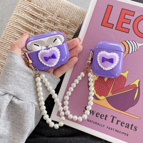 New Purple Love Pearl Earphone Cases For AirPods1 2 Pro 3 Bluetooth Headphones Cover Soft Shell with Pearl Pendant Keychain