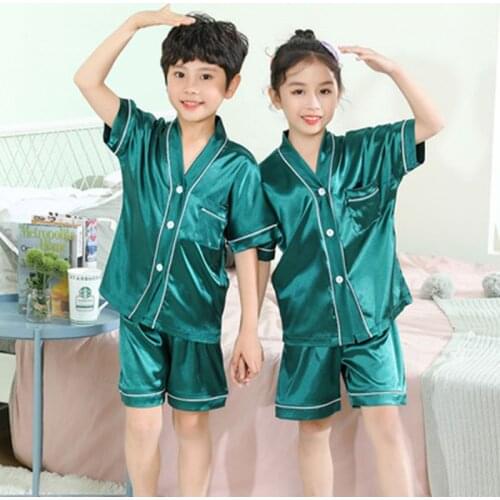 New Silk Girls Pyjamas Set Summer Children Pajamas Boys Short-Sleeved Satin Baby Home Clothing Kids Lapel Wear Suit