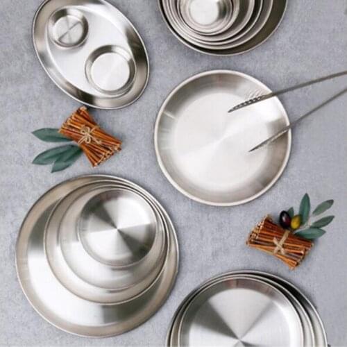 Stainless steel Tableware dinner plate fruit Salad Dessert Services picnic bbq dish Western Steak Round Dessert Tray 20/23/26cm